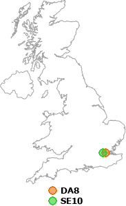 map showing distance between DA8 and SE10