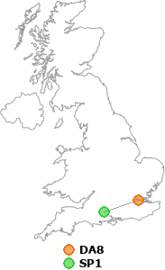 map showing distance between DA8 and SP1