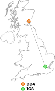 map showing distance between DD4 and IG8