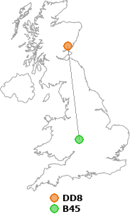 map showing distance between DD8 and B45
