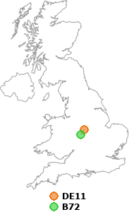 map showing distance between DE11 and B72