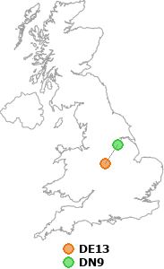 map showing distance between DE13 and DN9