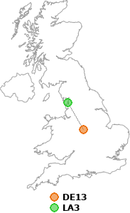 map showing distance between DE13 and LA3
