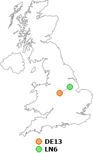 map showing distance between DE13 and LN6