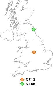 map showing distance between DE13 and NE66