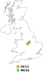 map showing distance between DE13 and NG16