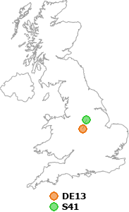 map showing distance between DE13 and S41