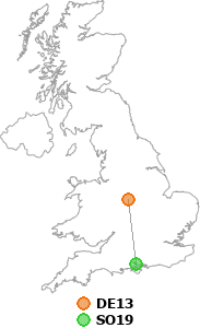 map showing distance between DE13 and SO19