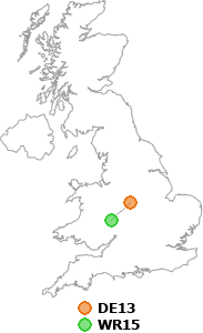map showing distance between DE13 and WR15