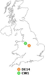 map showing distance between DE14 and CW1
