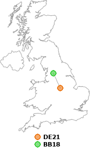 map showing distance between DE21 and BB18