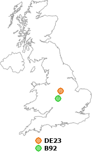 map showing distance between DE23 and B92