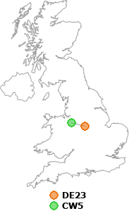 map showing distance between DE23 and CW5