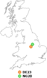 map showing distance between DE23 and NG20