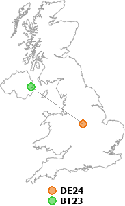 map showing distance between DE24 and BT23