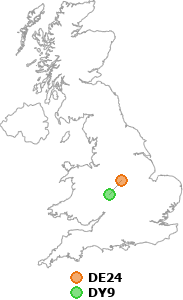 map showing distance between DE24 and DY9