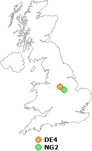 map showing distance between DE4 and NG2