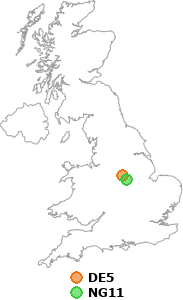 map showing distance between DE5 and NG11
