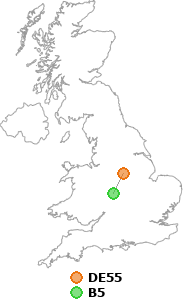 map showing distance between DE55 and B5