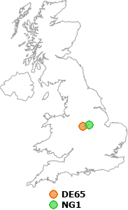map showing distance between DE65 and NG1