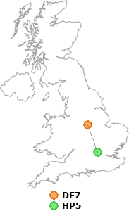 map showing distance between DE7 and HP5