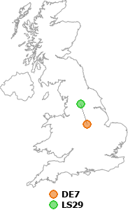 map showing distance between DE7 and LS29
