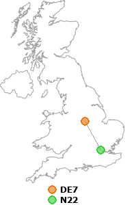 map showing distance between DE7 and N22