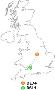 map showing distance between DE74 and BS14