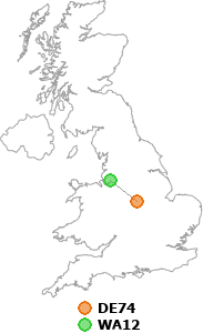 map showing distance between DE74 and WA12