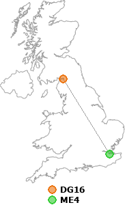 map showing distance between DG16 and ME4
