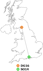 map showing distance between DG16 and SO14