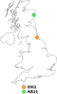 map showing distance between DH2 and AB21