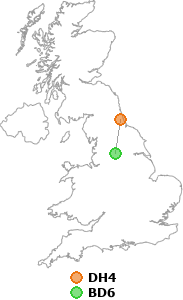 map showing distance between DH4 and BD6