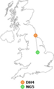 map showing distance between DH4 and NG5