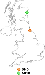 map showing distance between DH6 and AB10