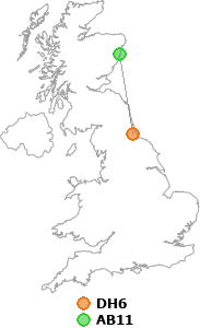 map showing distance between DH6 and AB11