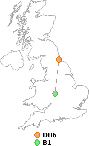 map showing distance between DH6 and B1