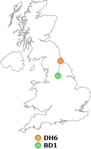 map showing distance between DH6 and BD1