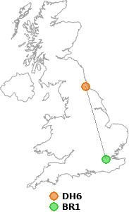 map showing distance between DH6 and BR1