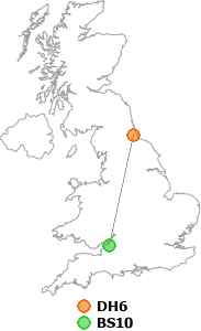 map showing distance between DH6 and BS10