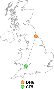 map showing distance between DH6 and CF5