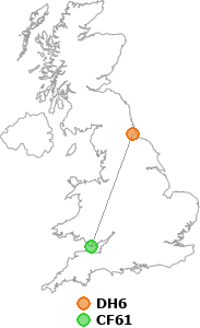 map showing distance between DH6 and CF61