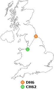 map showing distance between DH6 and CH62