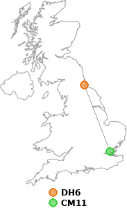 map showing distance between DH6 and CM11