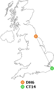 map showing distance between DH6 and CT14