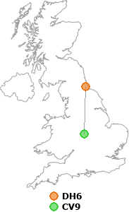 map showing distance between DH6 and CV9