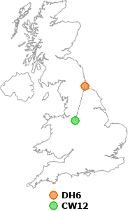 map showing distance between DH6 and CW12