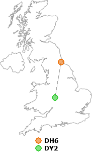 map showing distance between DH6 and DY2