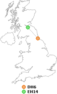 map showing distance between DH6 and EH14