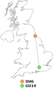 map showing distance between DH6 and GU14